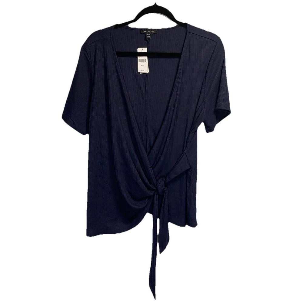 New Lane Bryant Top Womens 18/20 Navy Tie Front Wrap Short Sleeve Ribbed Stretch